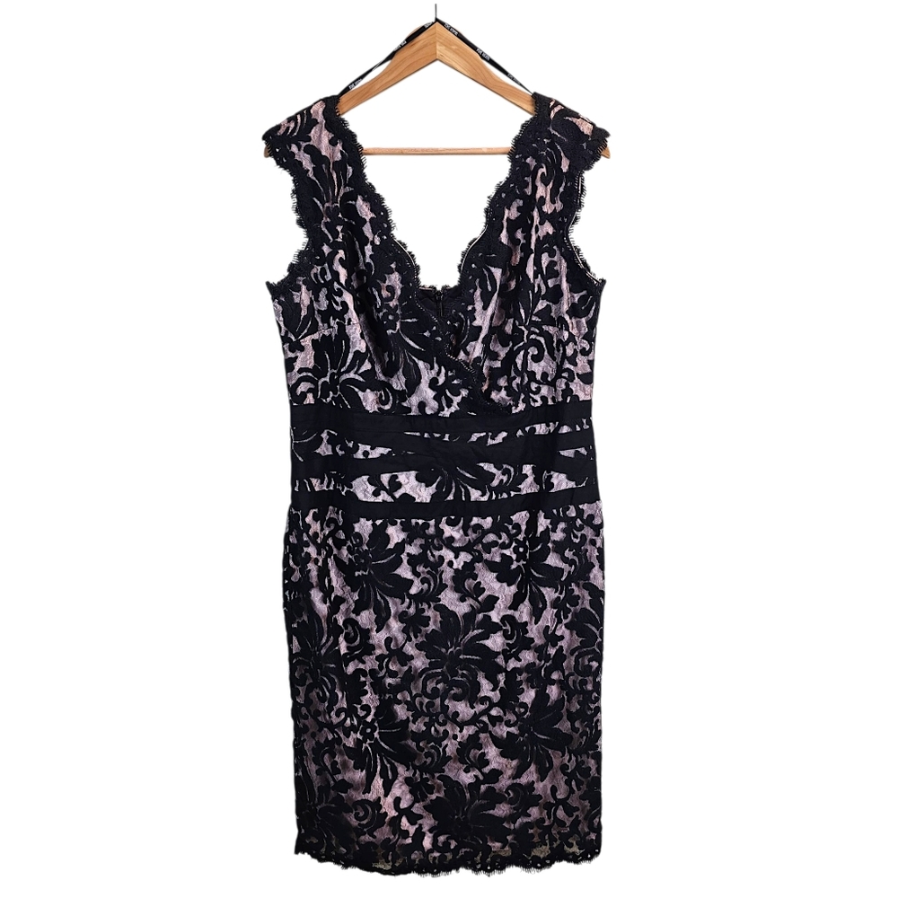 Tadashi Shoji Black Lace Overlay Cocktail Dress 16 Elegant Romantic Sheath - Picture 2 of 14